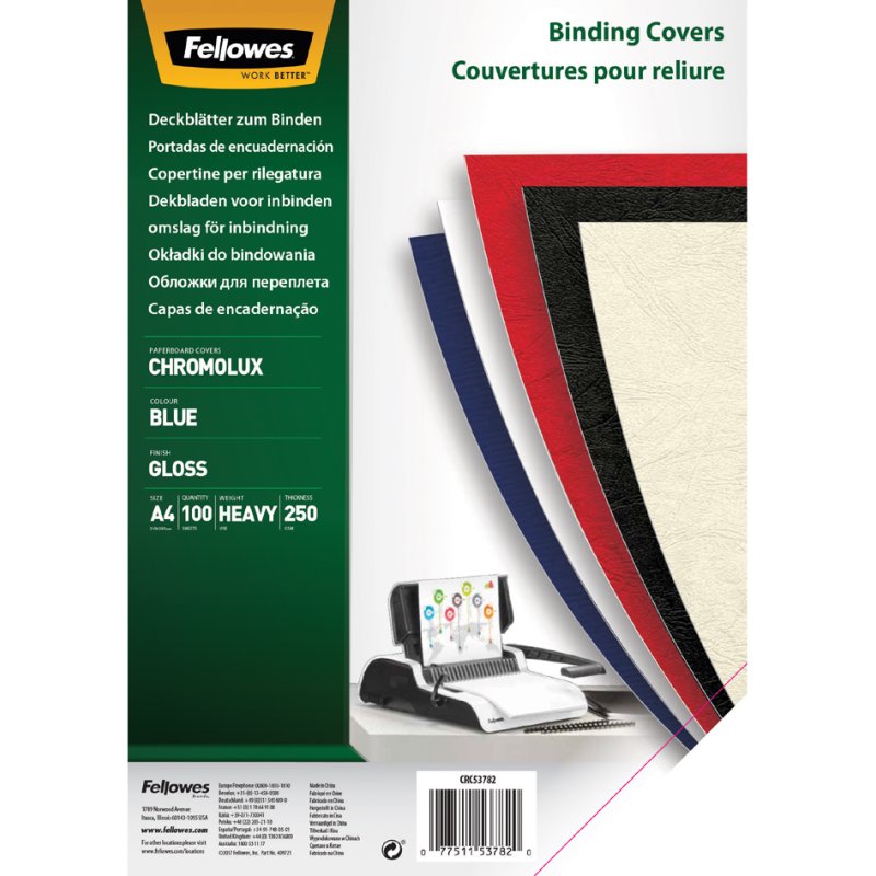Fellowes feuilles de couverture Chromolux A4, carton brillant 250 g/m², rouge, 100 feuilles