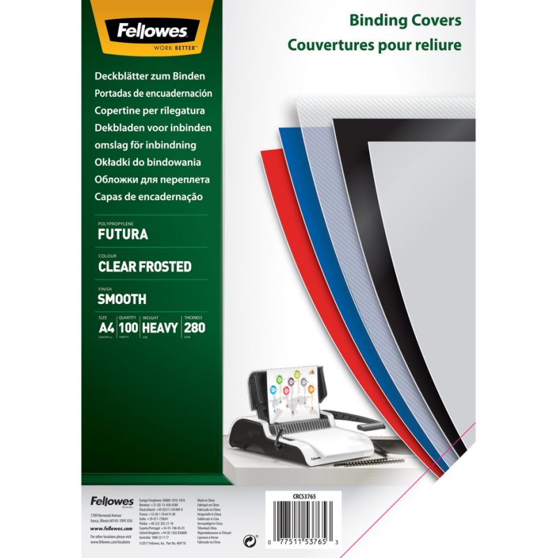 Fellowes feuilles de couverture Futura A4, transparent mat, 0,28 mm, 100 feuilles