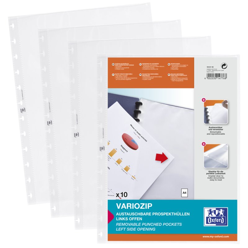 Oxford vario-zipp pochettes de présentation A4, structuré, PP 0,08 mm, 10 pièces