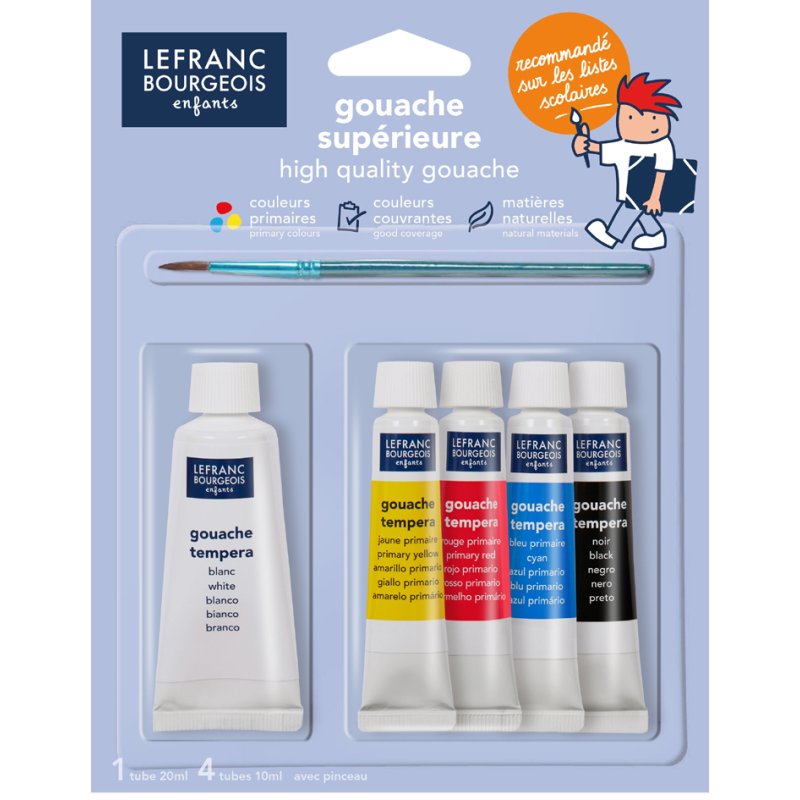 LEFRANC & BOURGEOIS set de gouache, 5 couleurs, pinceau inclus, à partir de 3 ans