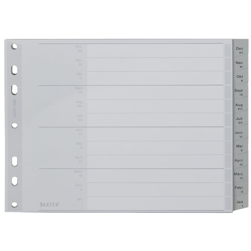LEITZ plastic index tabs months A4, grey PP, December-January