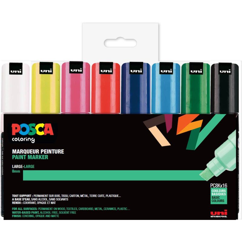 POSCA pigmentmarkers PC-8K, keilpunt 8,0 mm, zwart/wit/goud/zilver, 4 stuks