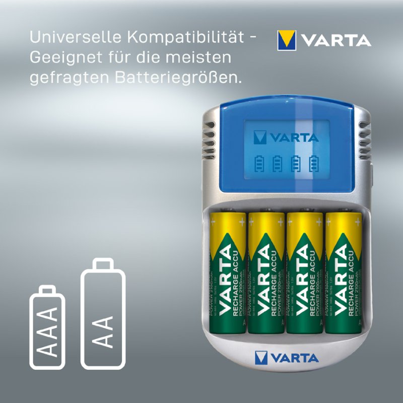 VARTA batterijlader LCD Charger, USB en 12V adapter, inclusief 4 AA batterijen 2500 mAh