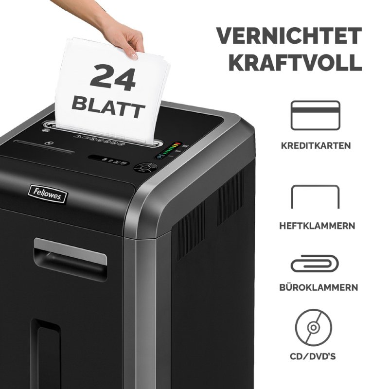 Fellowes papiervernietiger Powershred 225Ci, partikelsnit 3,9×38 mm, 22 vel, zwart/zilver