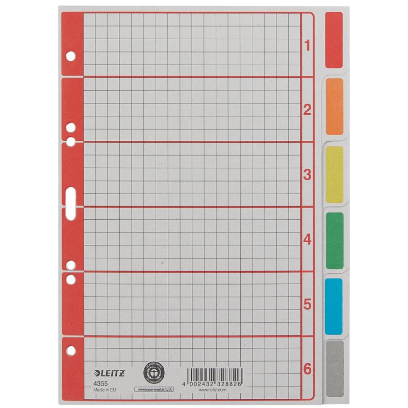 LEITZ intercalaires en carton extra résistants, blancs, A5, 6 parts, gris