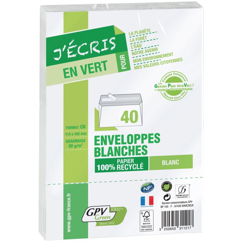 GPV enveloppes ERAPure DL 110×220 mm, blanc, sans fenêtre, 40 pièces