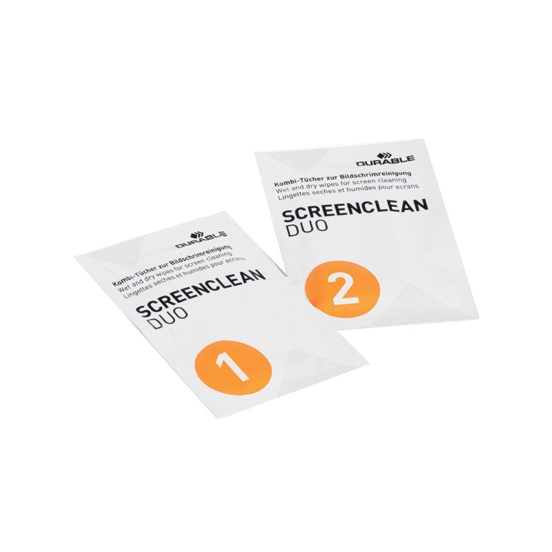 DURABLE screen cleaning wipes SCREENCLEAN DUO, dry and wet, 10 sets