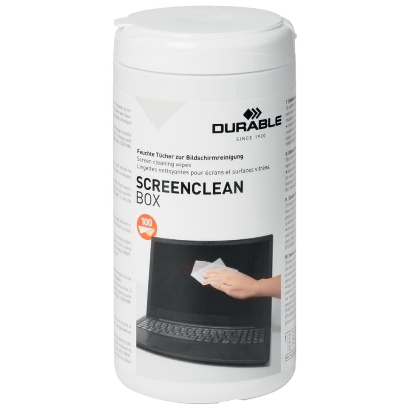DURABLE screen cleaning wipes SCREENCLEAN BOX, damp wipes, refillable dispenser, 100 pcs