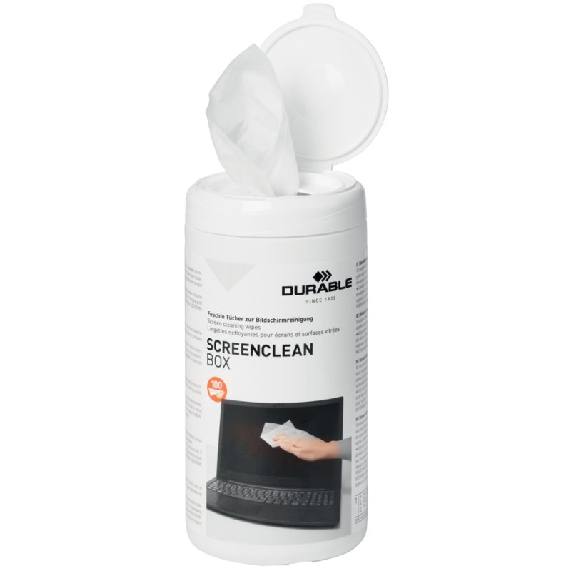 DURABLE screen cleaning wipes SCREENCLEAN BOX, damp wipes, refillable dispenser, 100 pcs