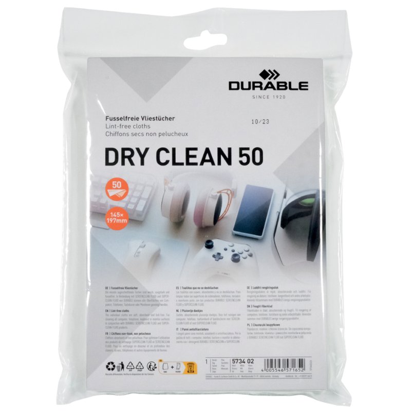 DURABLE lingettes de nettoyage sec DRY CLEAN, 145×197 mm, 50 pièces