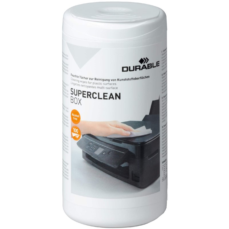 DURABLE lingettes de nettoyage SUPERCLEAN BOX, distributeur rechargeable, sans alcool, 100 pièces