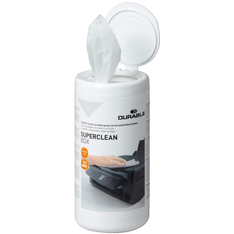 DURABLE lingettes de nettoyage SUPERCLEAN BOX, distributeur rechargeable, sans alcool, 100 pièces