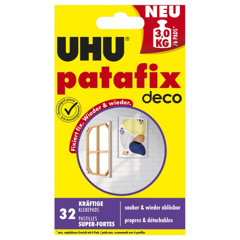 UHU pastilles adhésives patafix deco, réutilisables, blanc, 32 pièces