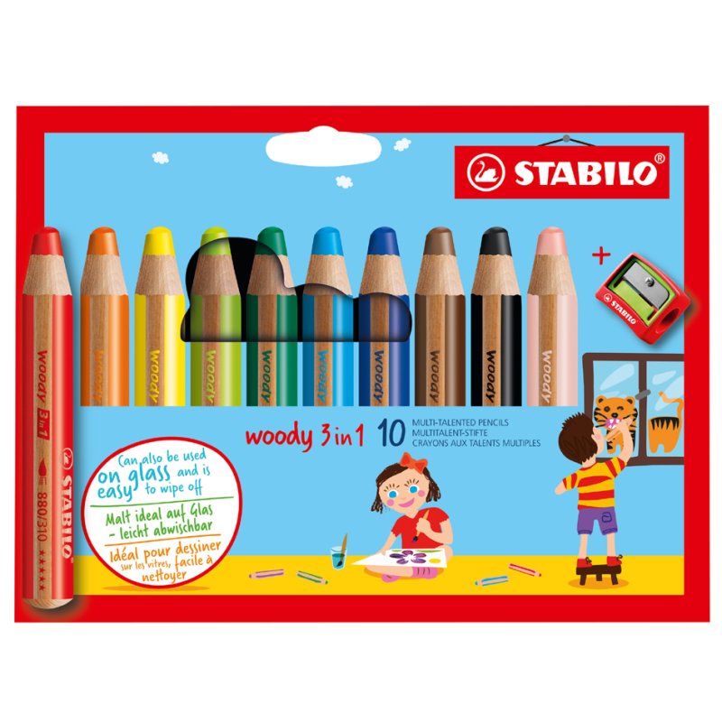 STABILO woody 3-in-1 crayons, 10 mm, 6 pièces, mélangé