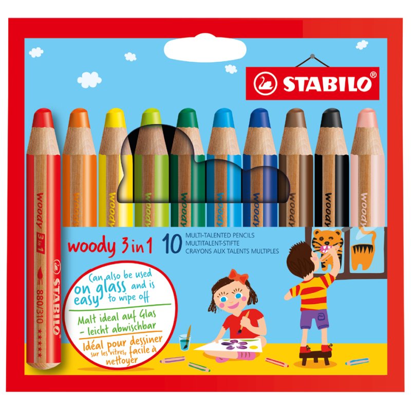 STABILO woody 3-in-1 crayons, 10 mm, 6 pièces, mélangé