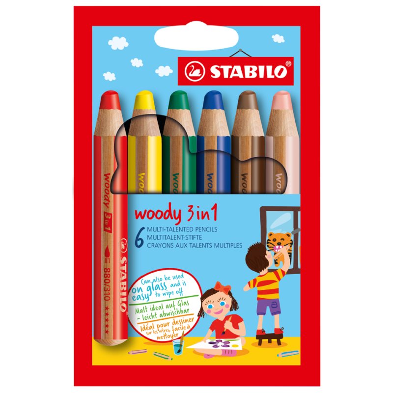 STABILO woody 3-in-1 crayons, 10 mm, 6 pièces, mélangé