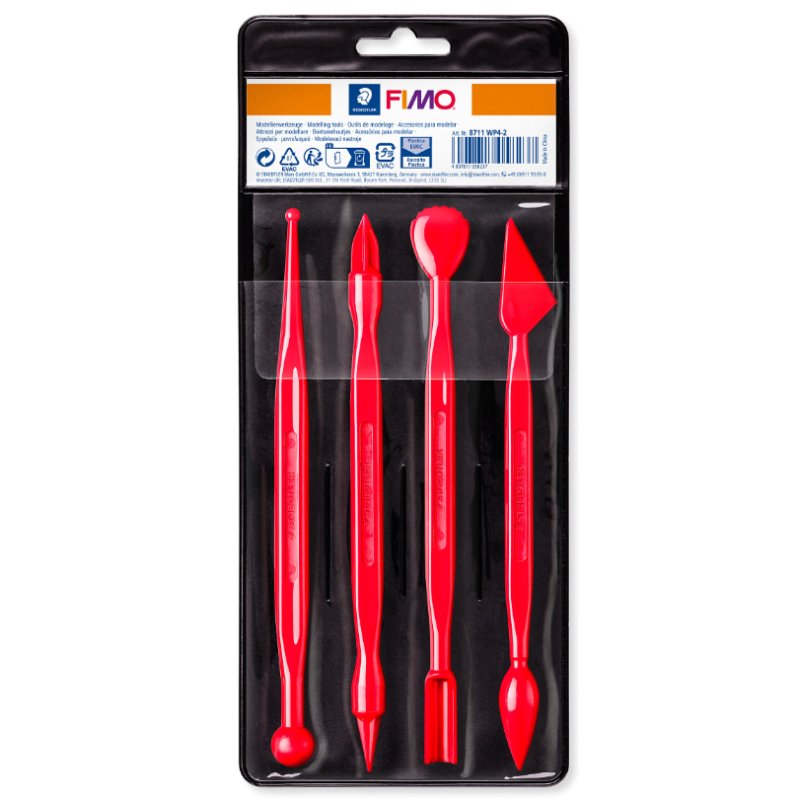 FIMO modelleerwerktuig, rood kunststof, 4 modelleerstaven, kunststof etui