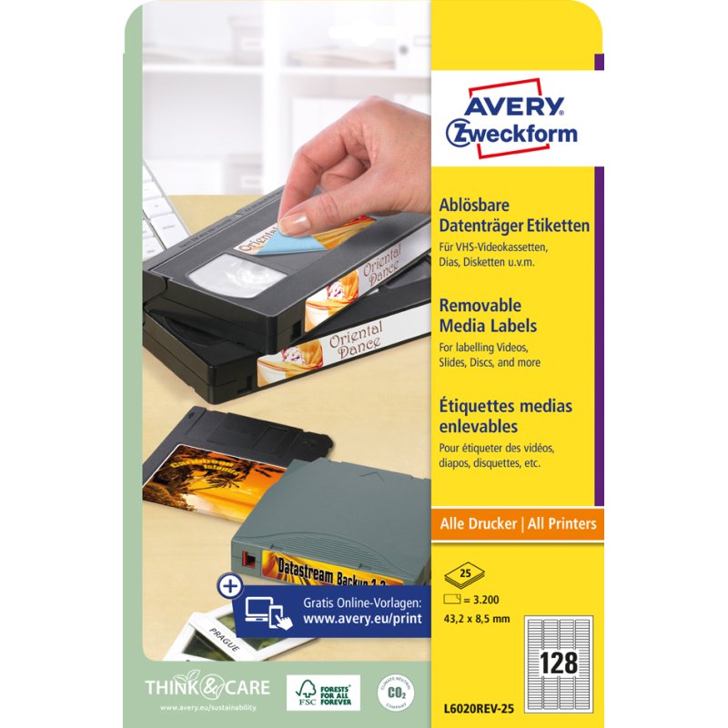 AVERY Zweckform Stick+Lift dia-etiketten, 43,2 × 8,5 mm, wit, 3200 stuks