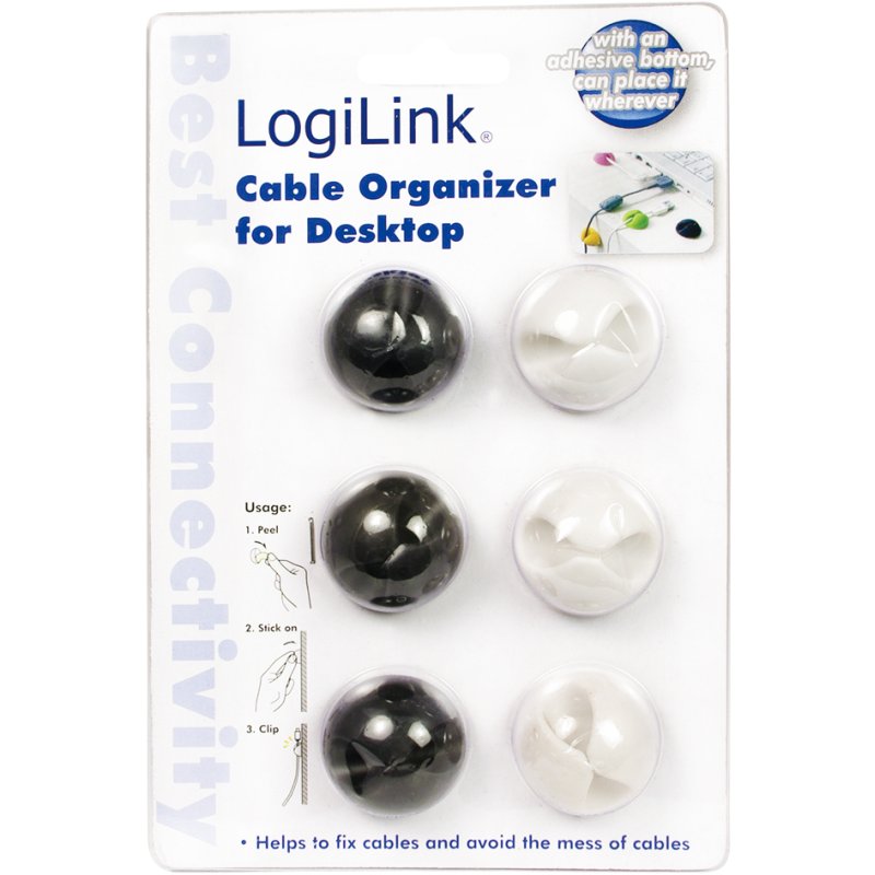 LogiLink clips de câble auto-adhésifs, blanc et noir, 6 pièces