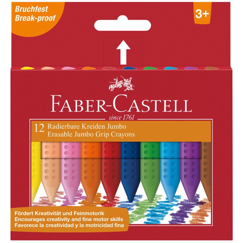 Faber-Castell krijtstiften Jumbo, uitwisbaar, ergonomische dreikantform, 12 stuks