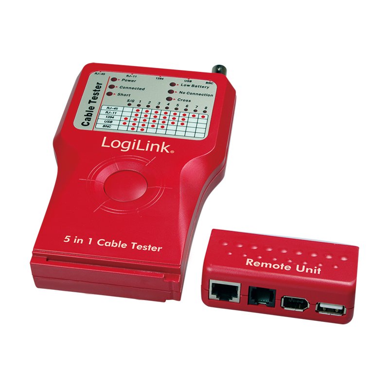 LogiLink Testeur de câbles professionnel 5-en-1, avec unité de distance, rouge