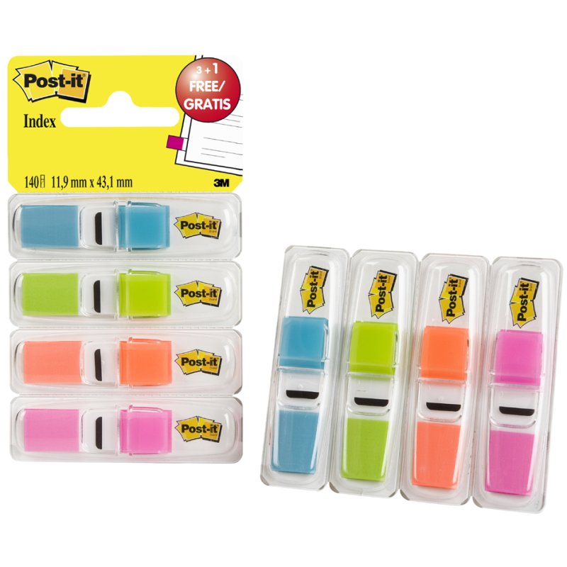 Post-it markerstrips Index, 11,9 × 43,2 mm, 4 kleuren, 4 blokken
