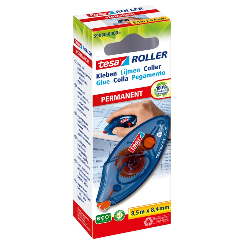 tesa EcoLogo rouleau adhésif jetable, permanent, bleu translucide, 8,4 mm × 8,5 m