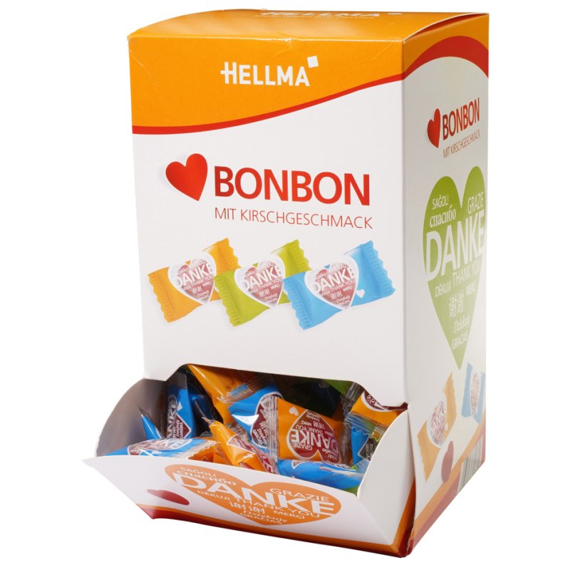 HELLMA bonbons cœur 'MERCI', goût cerise, emballage présentoir, 200 pièces
