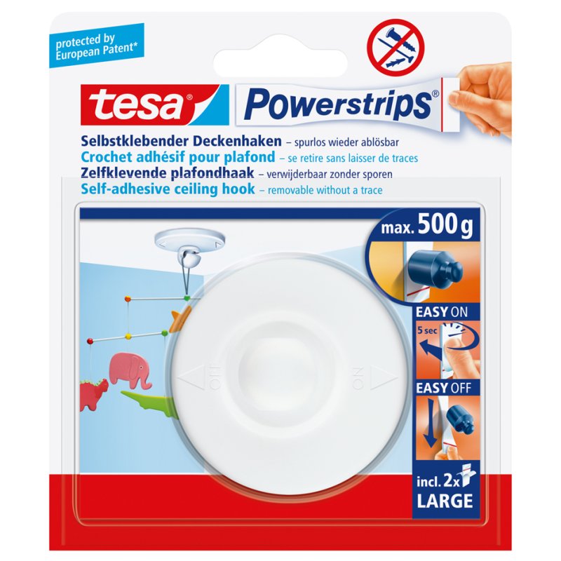 tesa crochet de plafond blanc, réutilisable, capacité de charge 0,5 kg