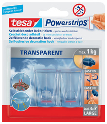 tesa Powerstrips decoratie haken XL, herbruikbaar, transparant, 1,0 kg draagkracht