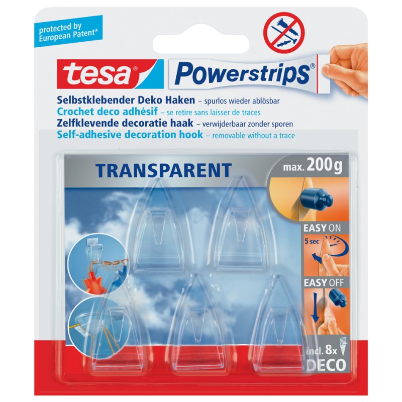 tesa Powerstrips crochets de décoration, réutilisables, transparent, max. 0,2 kg