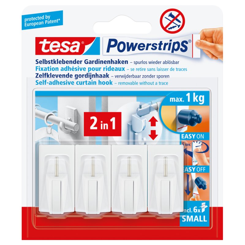 tesa Powerstrips gordijnhaken, wit, variabele bevestiging, 4 haken