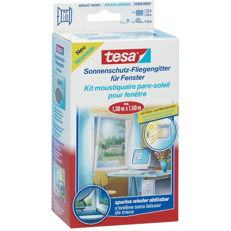tesa moustiquaire avec pare-soleil pour fenêtres, anthracite, 1,30 m × 1,50 m, résistant aux UV