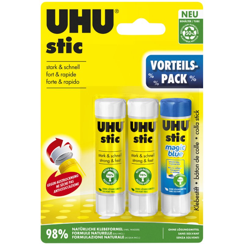 UHU glue stick value pack, 3 pieces including Magic variant, 21 g