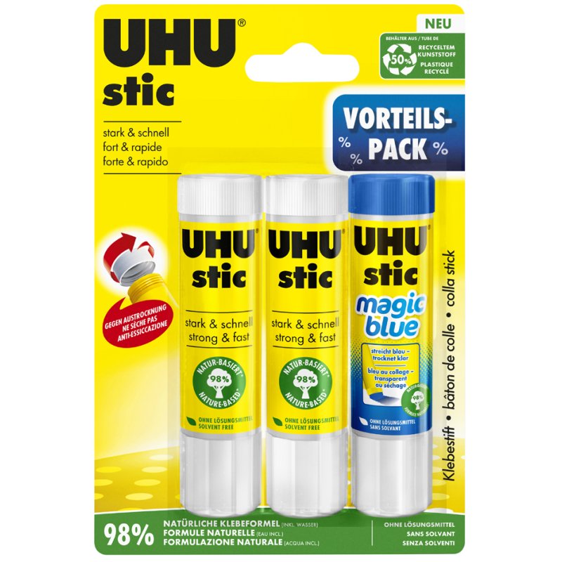 UHU glue stick value pack, 3 pieces including Magic variant, 21 g