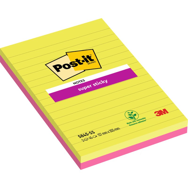 Post-it Super Sticky notes, ligné, 125×200 mm, vert et rose, 2 pièces