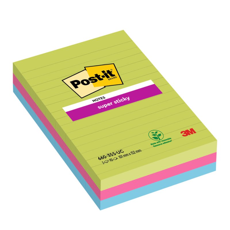 Post-it Super Sticky notes, ligné, 125×200 mm, vert et rose, 2 pièces