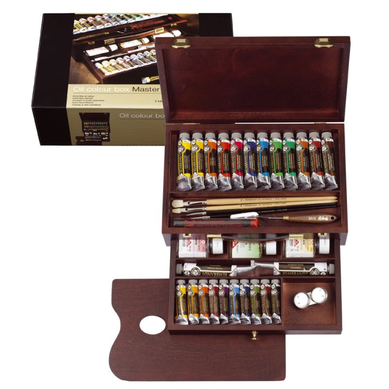 Royal Talens Rembrandt schilderskist olieverf meester, 24 tubes, hulpmiddelen, houten koffer