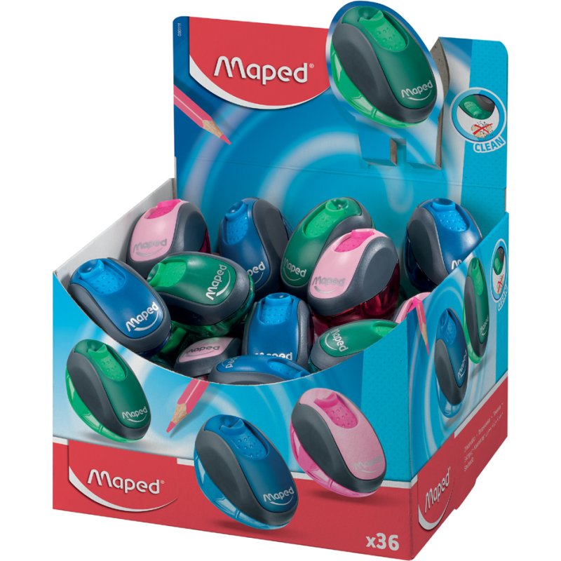 Maped pencil sharpener with collection tray, assorted colours, 36 pieces