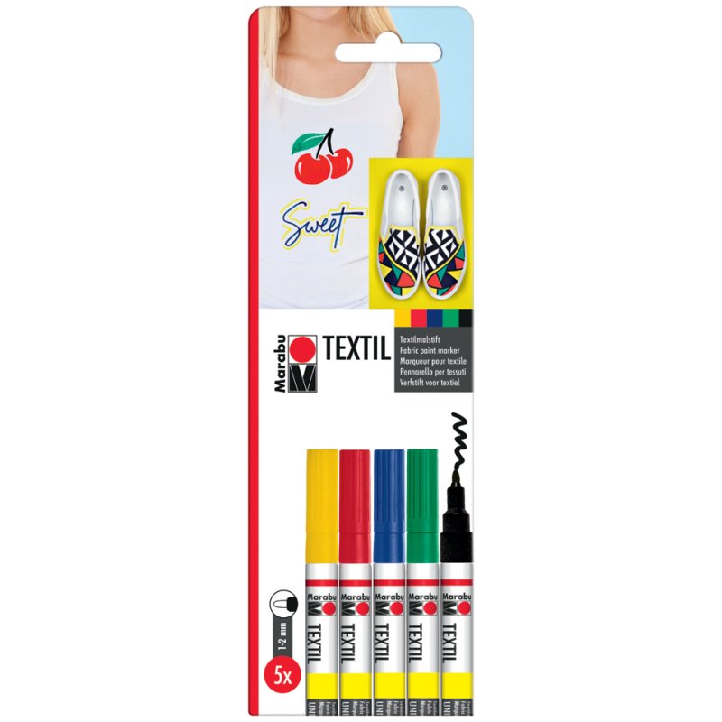 Marabu textielstiften Textil Painter, set van 5, 1-2 mm ronde punt