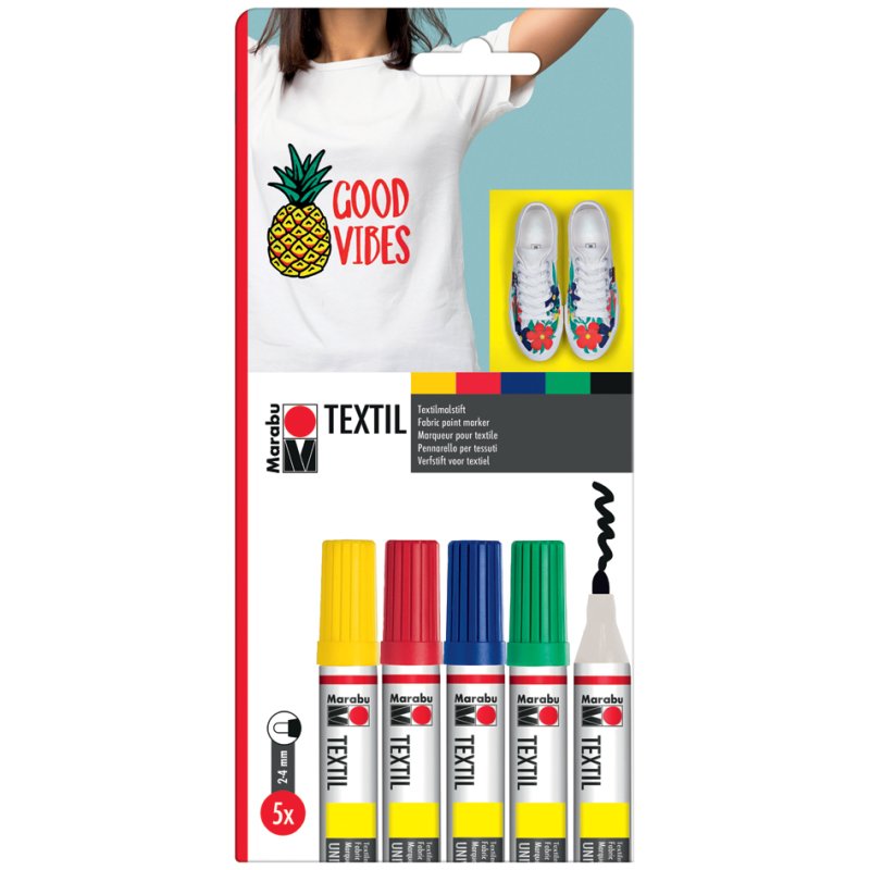 Marabu textielstiften Textil Painter, 2-4 mm, 5 stuks, kleuren gesorteerd