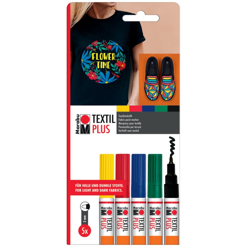 Marabu textielstiften Textil Painter Plus, 3,0 mm, kleurensortiment, 5 stuks