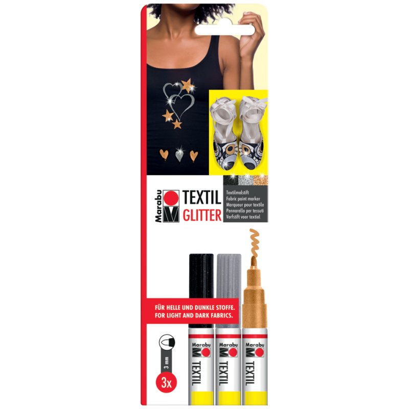 Marabu textielstiften Textil Painter Glitter, 3,0 mm, glitter, 3 stuks