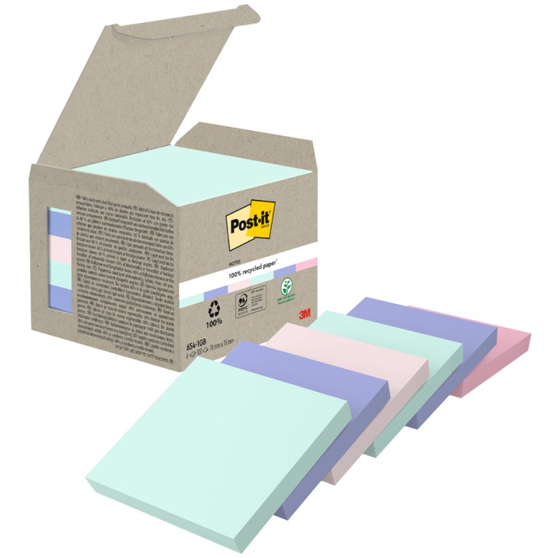 Post-it bloc-notes recyclé, 76×76 mm, 4 couleurs, 6 pièces