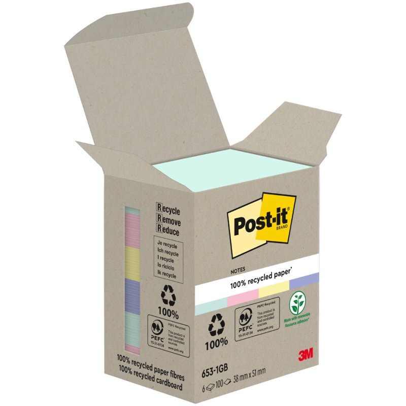 Post-it bloc-notes recyclé, 76×76 mm, 4 couleurs, 6 pièces