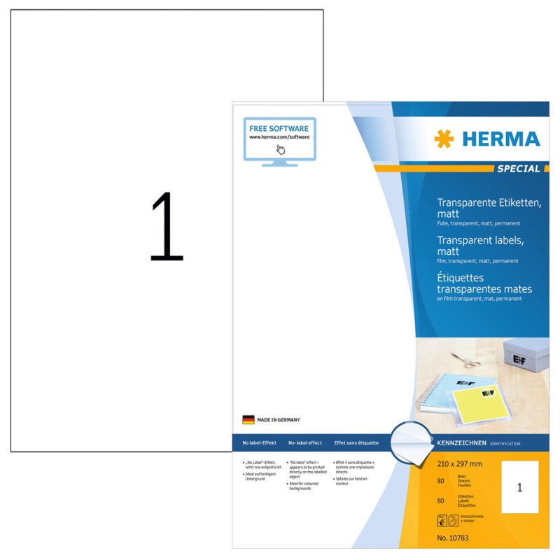 HERMA étiquettes adhésives transparentes, 210 × 297 mm A4, 10 pièces