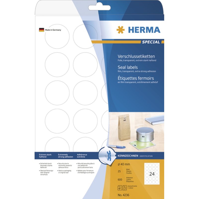 HERMA étiquettes de fermeture transparentes rondes, 40 mm, 600 pièces