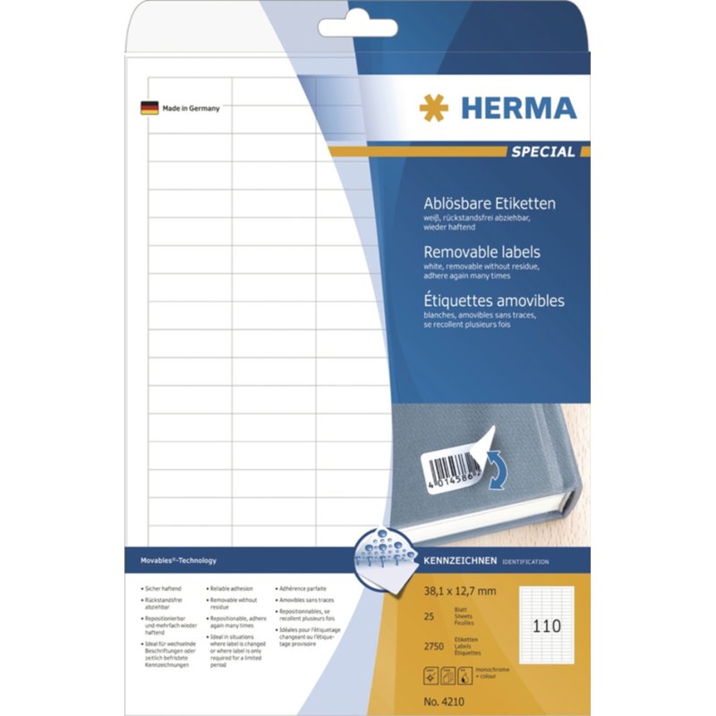 HERMA étiquettes universelles, repositionnables, 88,9 × 33,8 mm, blanc