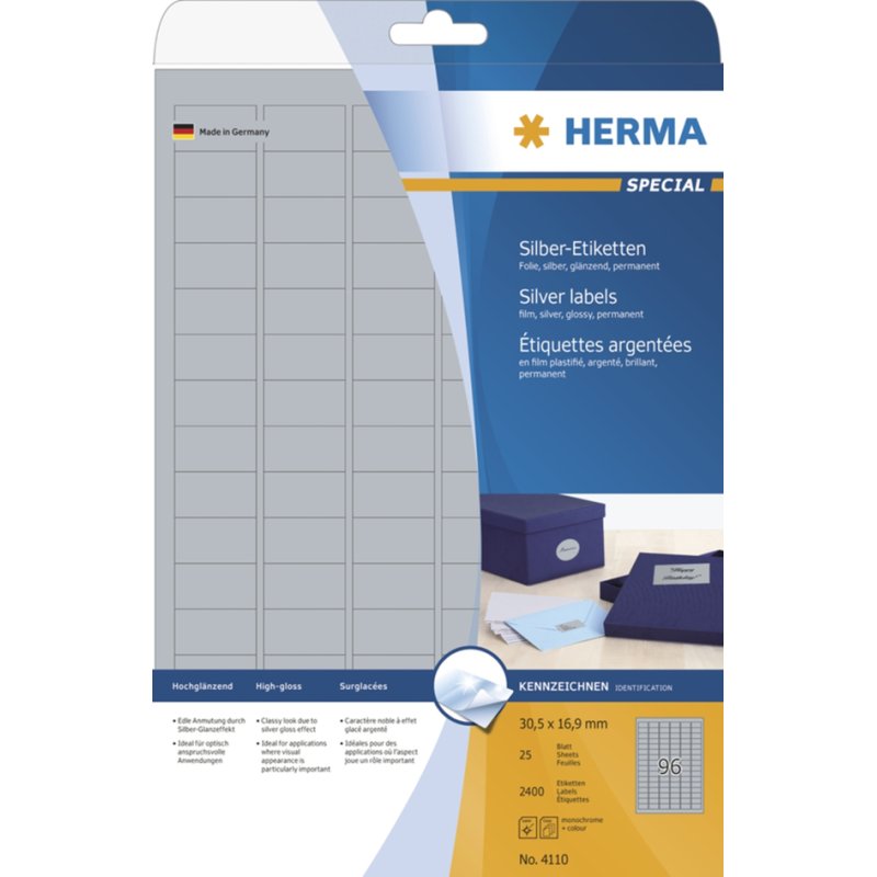 HERMA étiquettes film A4, argent, 210×297 mm, 25 pièces