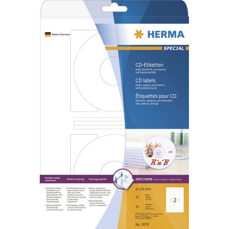 HERMA Étiquettes CD/DVD SPECIAL, diamètre 116 mm, blanc, 50 pièces